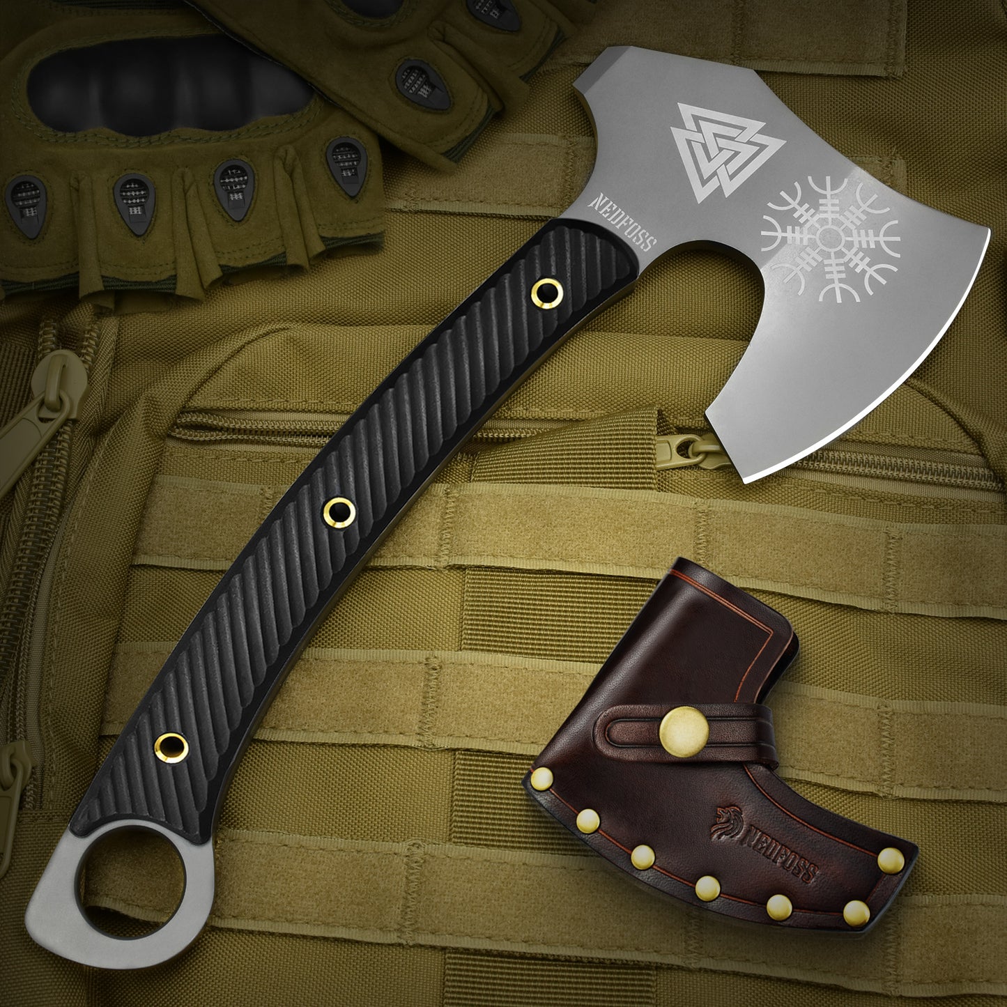 NedFoss VIKINGS Tomahawk, 31.5cm Full Tang Tactical Axt, Scharfe Wikinger Axt mit G10 Griff, Tomahawk Axt, Kampfaxt, Taktische Axt, Camping Axt, Axt Survival, Streitaxt, Bartaxt, Axt Wikinger mit Scheide