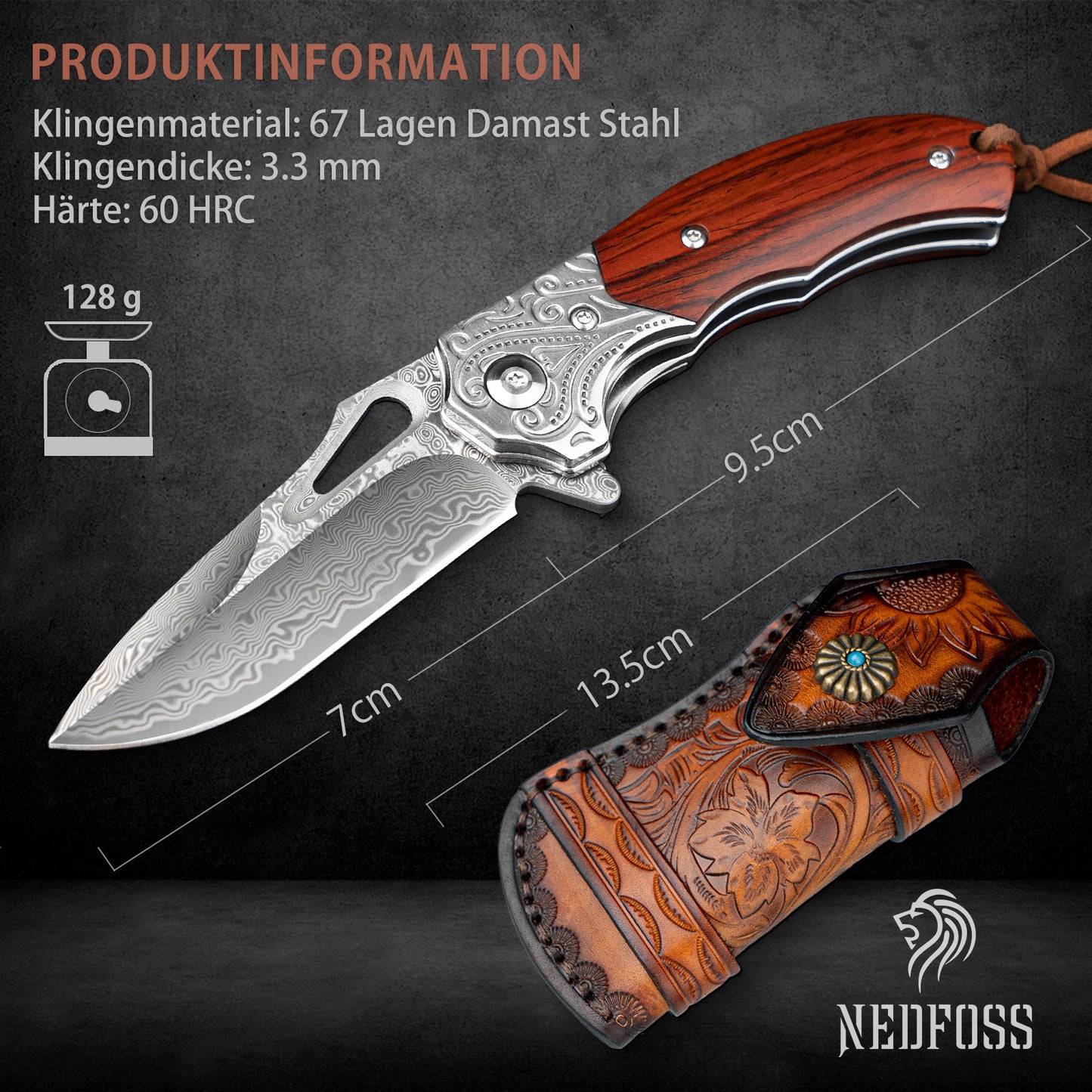 Nedfoss TIGER SHARK Damast Taschenmesser, Damast Klappmesser mit Scheide, scharfes damast Einhandmesser mit Holzgriff, Vatertagsgeschenk