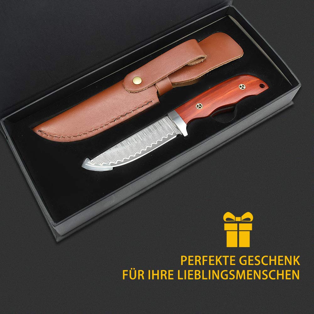 Nedfoss HUNTING KNIFE Damast Jagdmesser, andgefertigtes Damast-Jagdmesser mit schönem Muster, Gürtelmesser mit Scheide, scharfe Outdoor-Messer für die Jagd, Camping und Sammeln