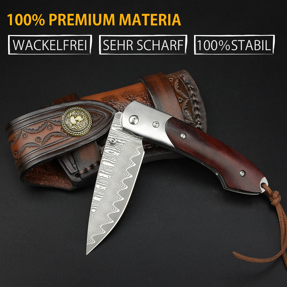 NedFoss SWORDFISH Damast Taschenmesser, Damastmesser Klappmesser mit Exquisit leder Holster