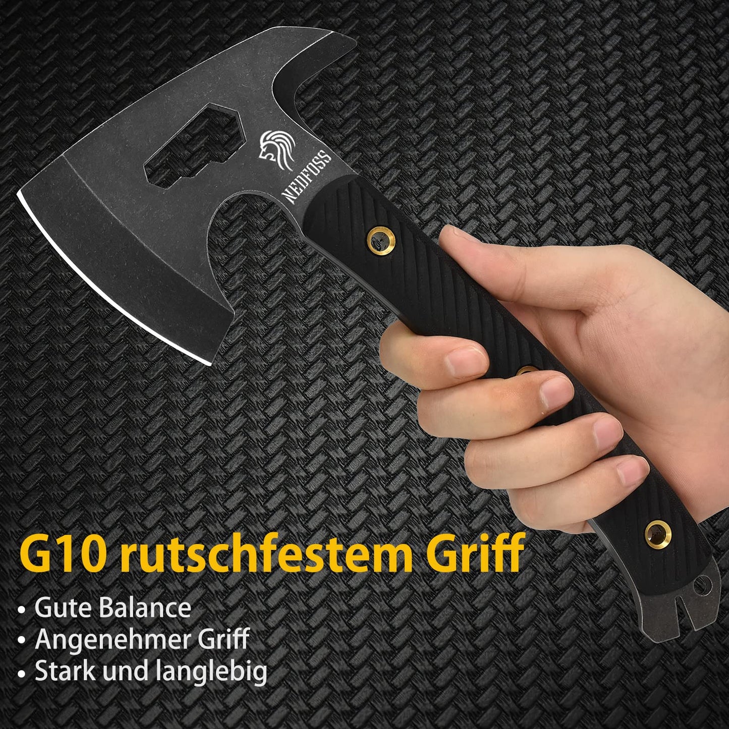 NedFoss BISON Tactical Axt, Scharfe Full Tang Outdoor Axt mit Scheide, Gute Buschausrüstung, Camping Axt mit G10 Griff