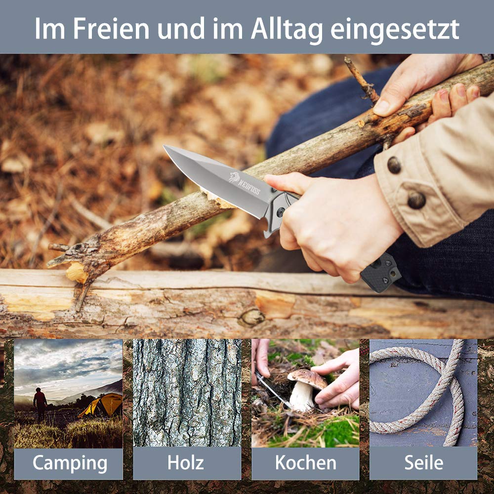 NedFoss FA49 Klappmesser, 3-in-1 Outdoor Taschenmesser, Survival Einhandmesser, Scharfes Rettungsmesser mit Glasbrecher und Gurtschneider