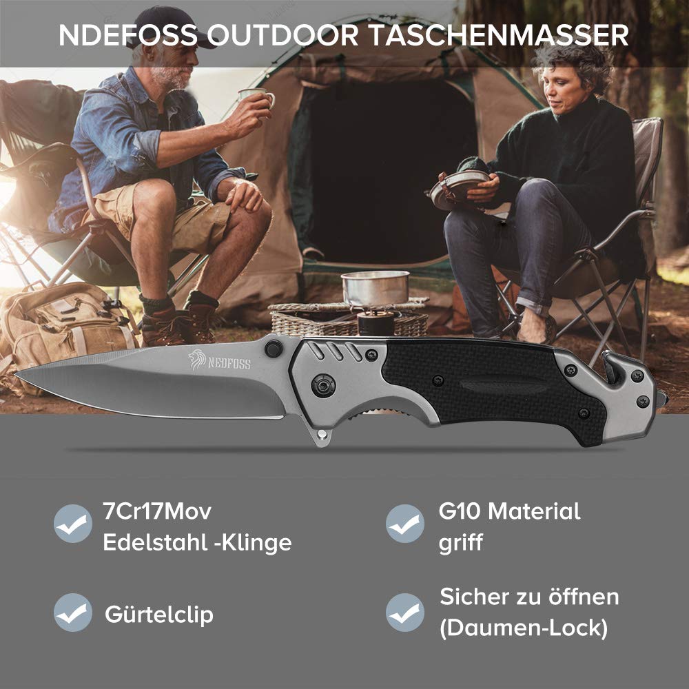 NedFoss FA18 Klappmesser, 9cm Scharfes Taschenmesser, Outdoor Survival Messer, Rettungsmesser mit Gurtschneider und Glasbrecher