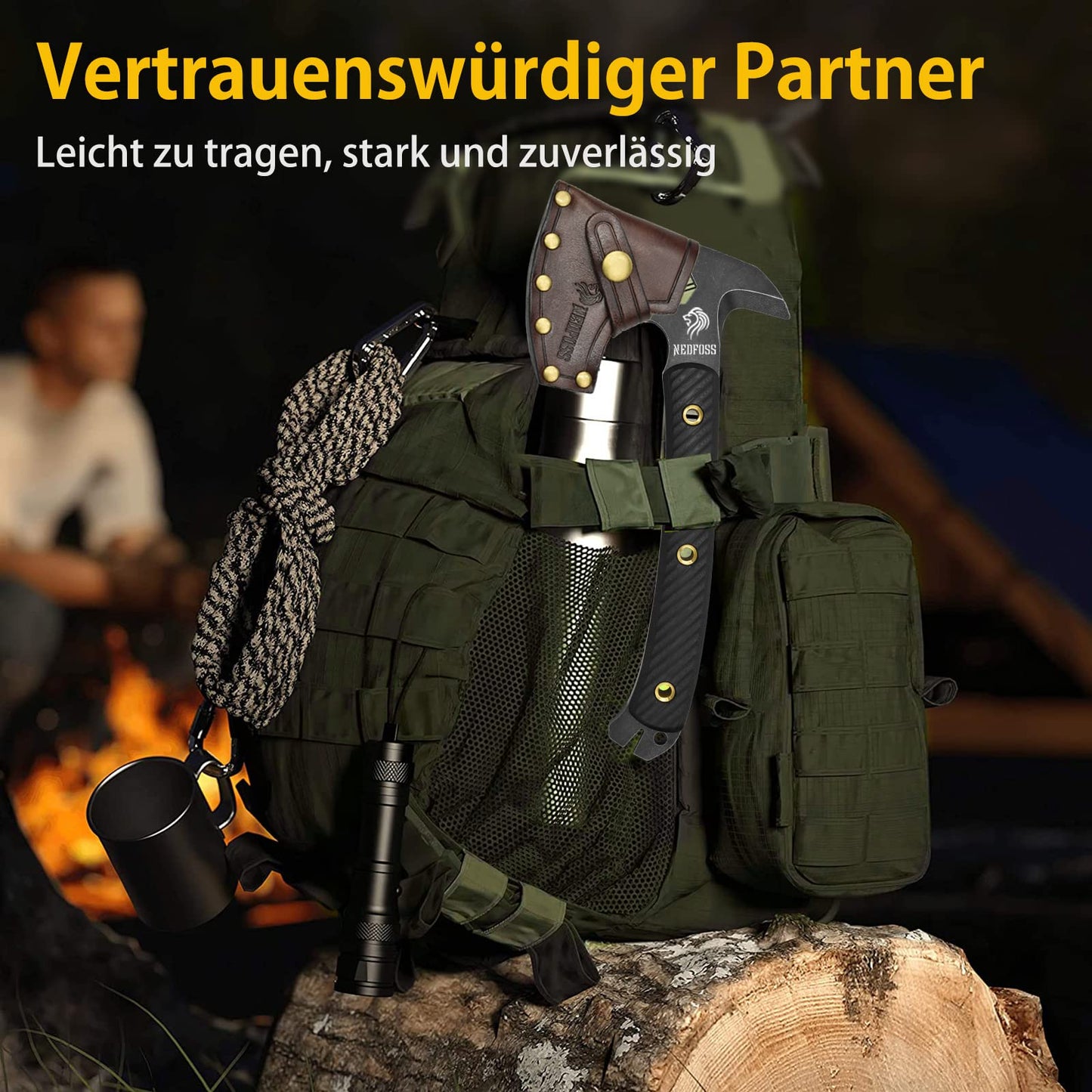 NedFoss BISON Tactical Axt, Scharfe Full Tang Outdoor Axt mit Scheide, Gute Buschausrüstung, Camping Axt mit G10 Griff