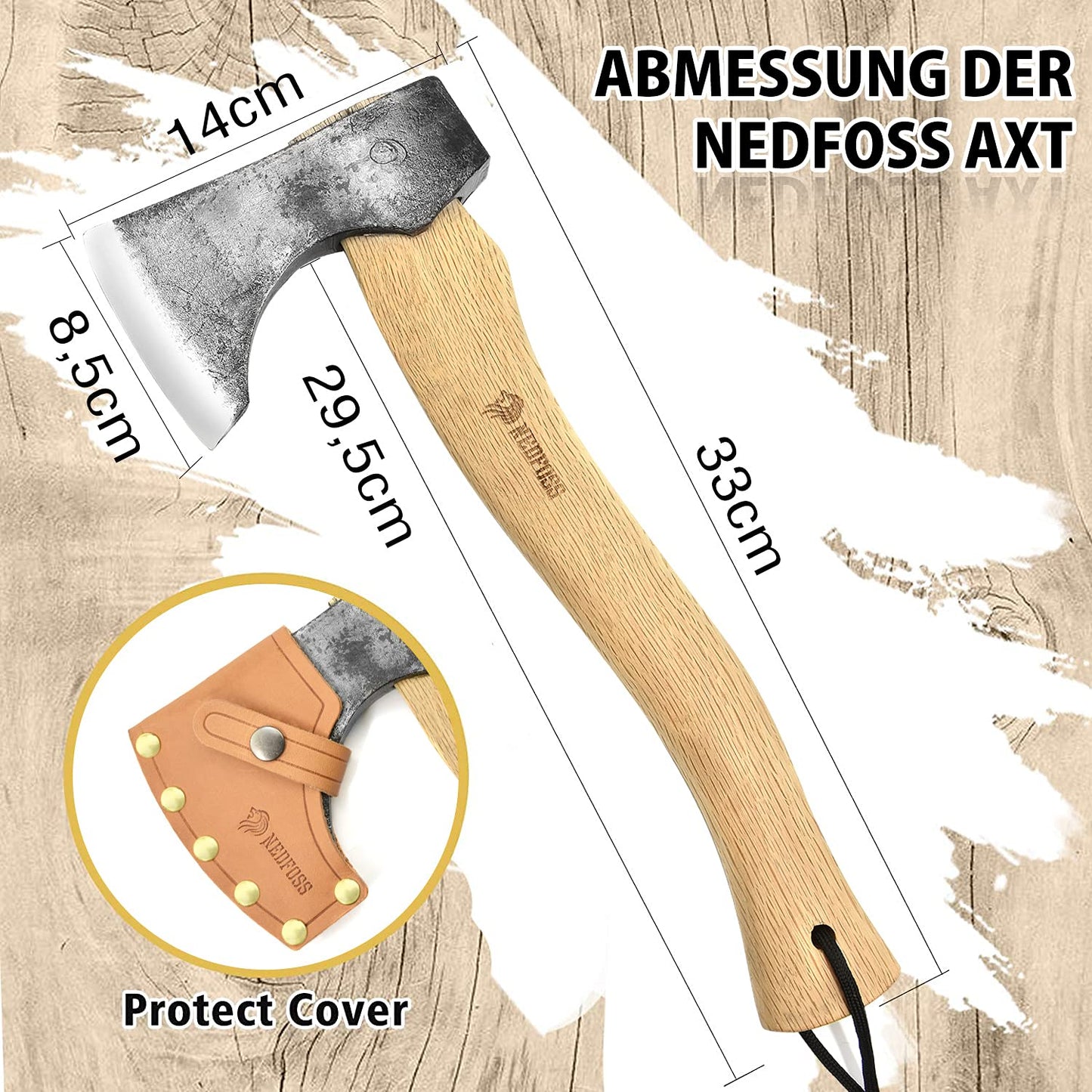 NedFoss HIPPO Axt, 33cm Camping Axt, Beil & Survival Axt, Hatchet & axt klein mit Holz Griff – Premium Jägerbeil robust- small Axe