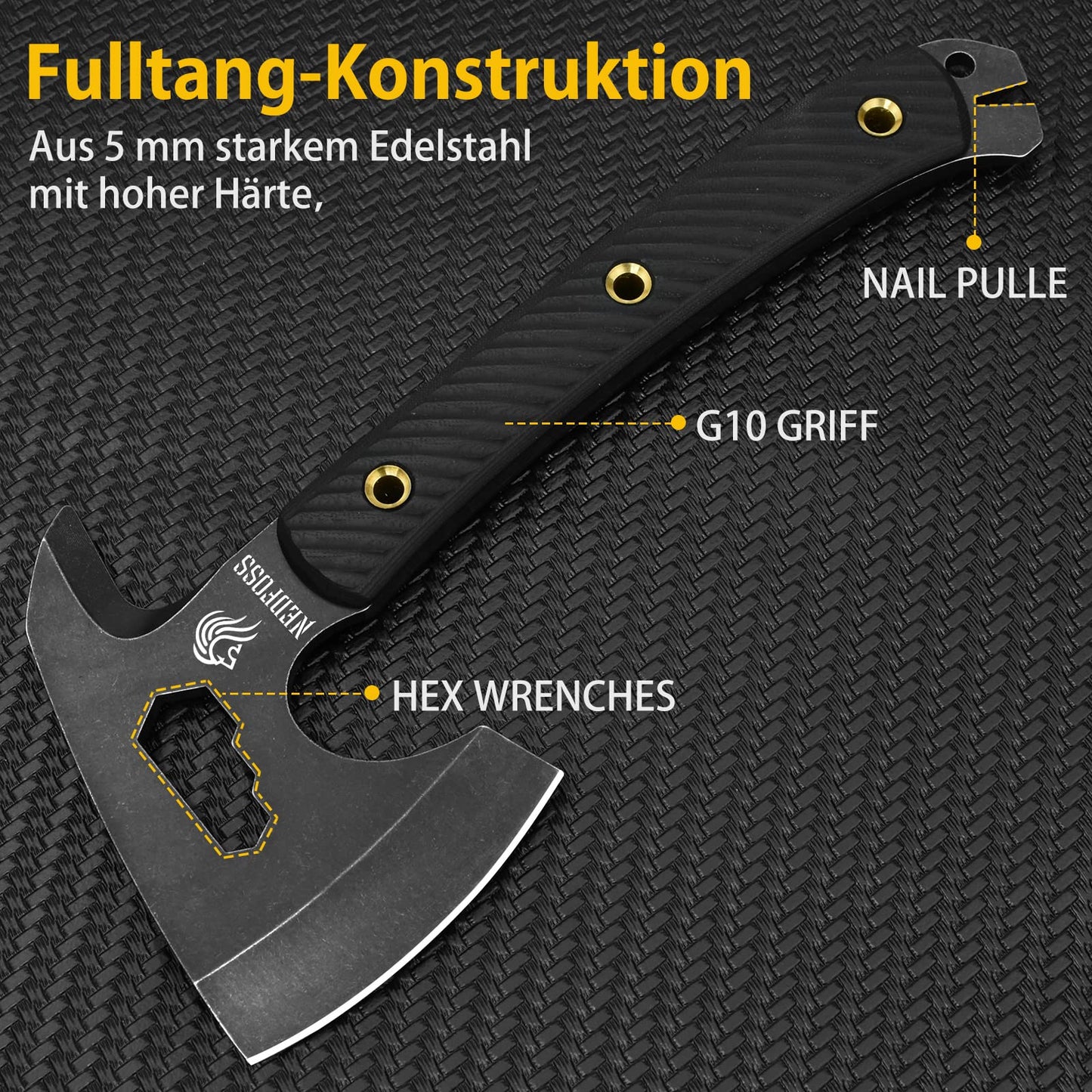 NedFoss BISON Tactical Axt, Scharfe Full Tang Outdoor Axt mit Scheide, Gute Buschausrüstung, Camping Axt mit G10 Griff