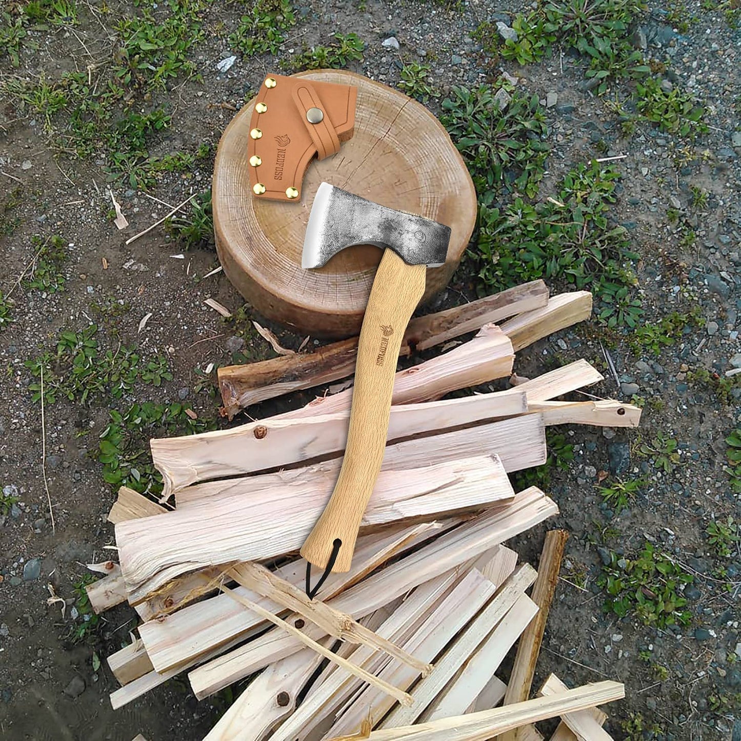 NedFoss HIPPO Axt, 33cm Camping Axt, Beil & Survival Axt, Hatchet & axt klein mit Holz Griff – Premium Jägerbeil robust- small Axe