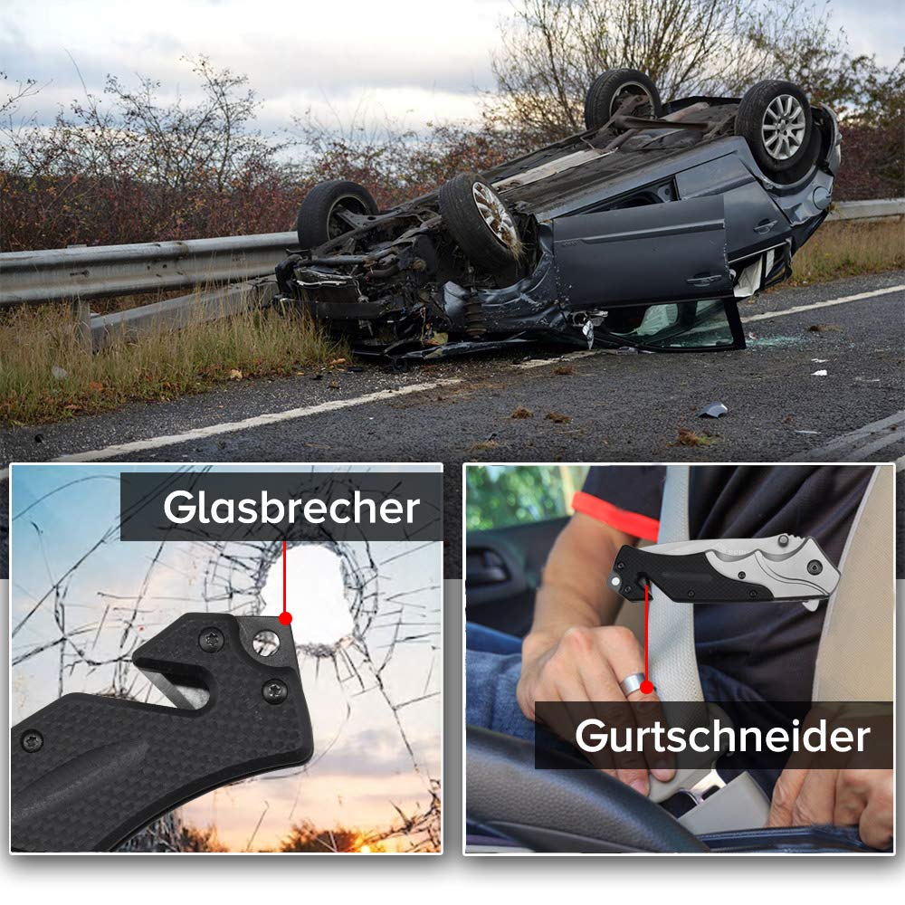 NedFoss FA49 Klappmesser, 3-in-1 Outdoor Taschenmesser, Survival Einhandmesser, Scharfes Rettungsmesser mit Glasbrecher und Gurtschneider