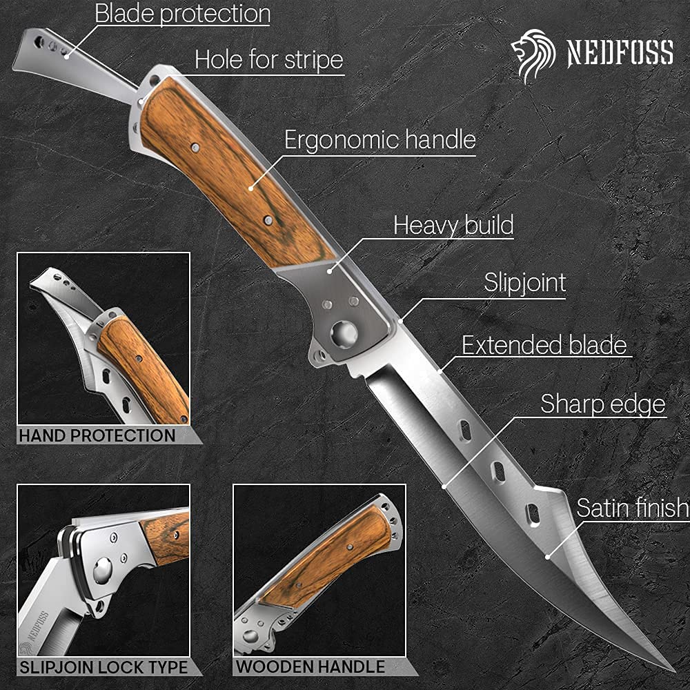 NedFoss FA50 Klappmesser, Zweihandmesser, Klapp Jagdmesser mit Rosenholz Griff, Großes Outdoor Messer für Camping & Wandern, Survival-Messer, Jagdmesser mit Gürteltasche