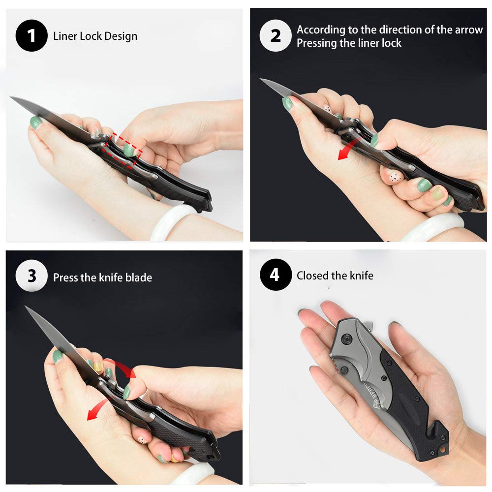 NedFoss FA49 Klappmesser, 3-in-1 Outdoor Taschenmesser, Survival Einhandmesser, Scharfes Rettungsmesser mit Glasbrecher und Gurtschneider