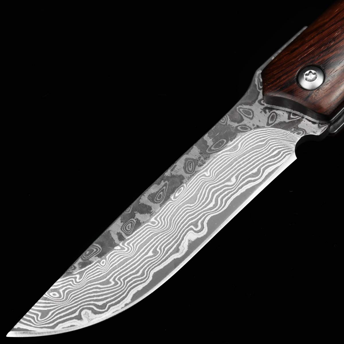NedFoss Damast Taschenmesser Klappmesser ELK, Damaststahl Messer Outdoor Damastmesser Folder Knife 7cm Klinge (Schwarz)