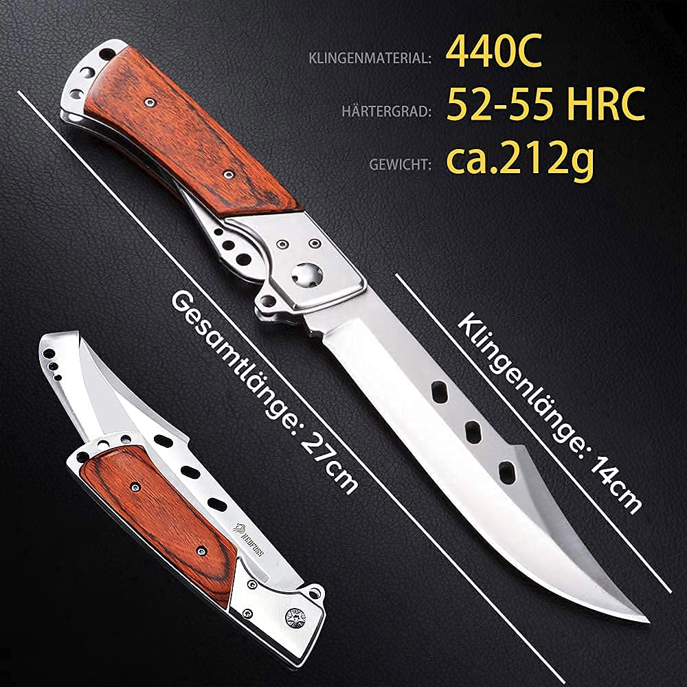 NedFoss FA50 Klappmesser, Zweihandmesser, Klapp Jagdmesser mit Rosenholz Griff, Großes Outdoor Messer für Camping & Wandern, Survival-Messer, Jagdmesser mit Gürteltasche