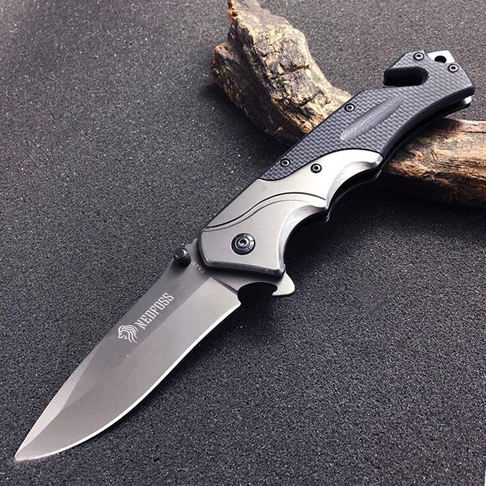 NedFoss FA49 Klappmesser, 3-in-1 Outdoor Taschenmesser, Survival Einhandmesser, Scharfes Rettungsmesser mit Glasbrecher und Gurtschneider