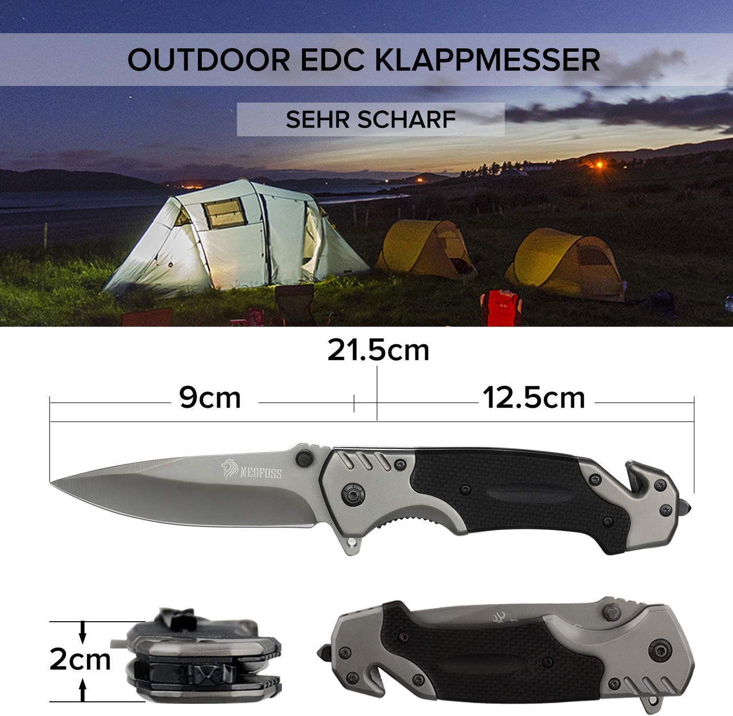 NedFoss FA18 Klappmesser, 9cm Scharfes Taschenmesser, Outdoor Survival Messer, Rettungsmesser mit Gurtschneider und Glasbrecher