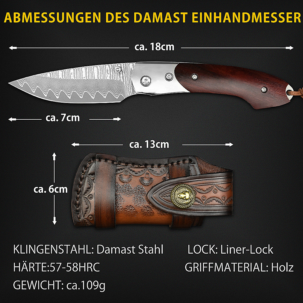 NedFoss SWORDFISH Damast Taschenmesser, Damastmesser Klappmesser mit Exquisit leder Holster