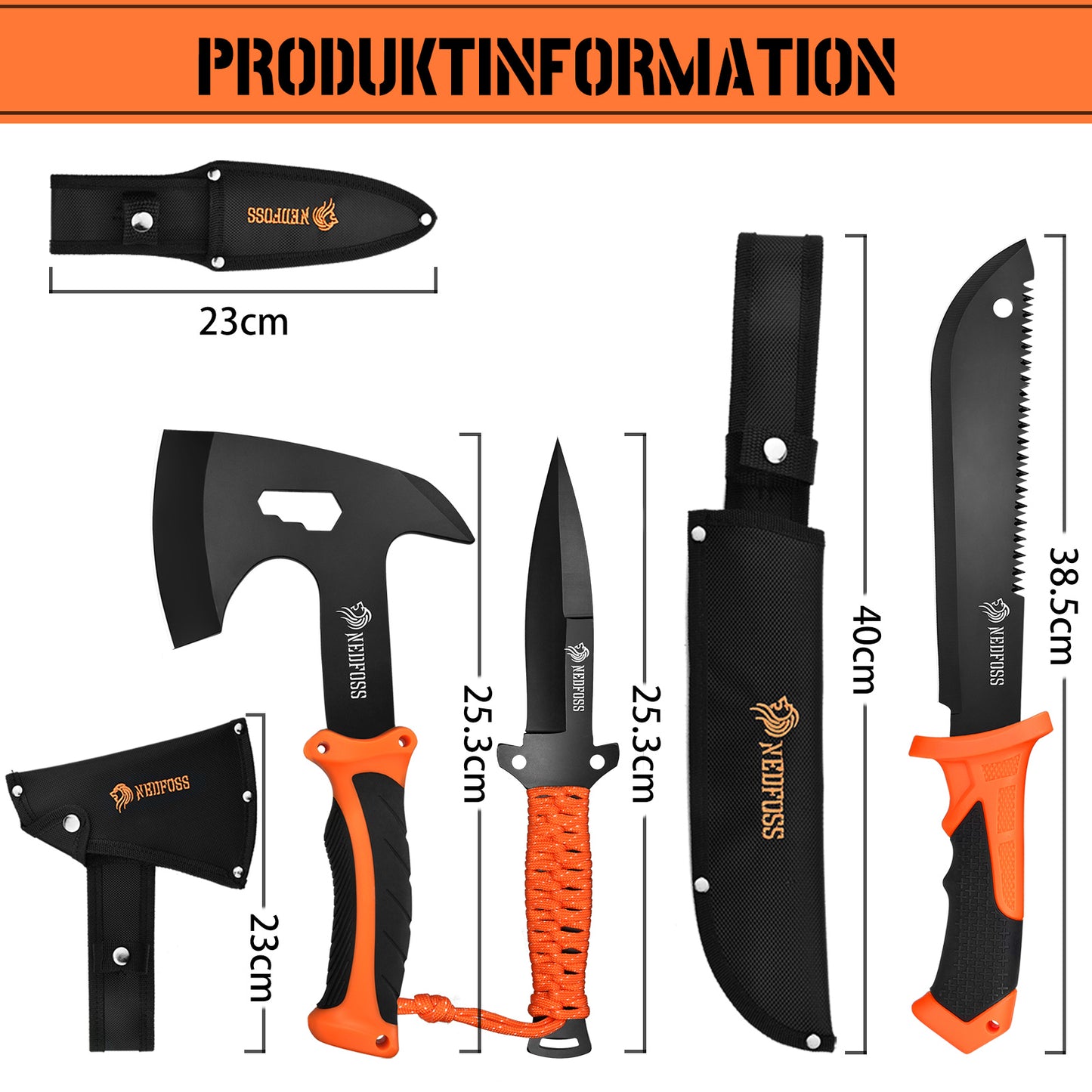 NedFoss JUNGLE AXES SET 3er Survival Outdoor Messer Set, Camping Messer Set inkl. Camping Axt & Outdoor Messer & Gürtelmesser