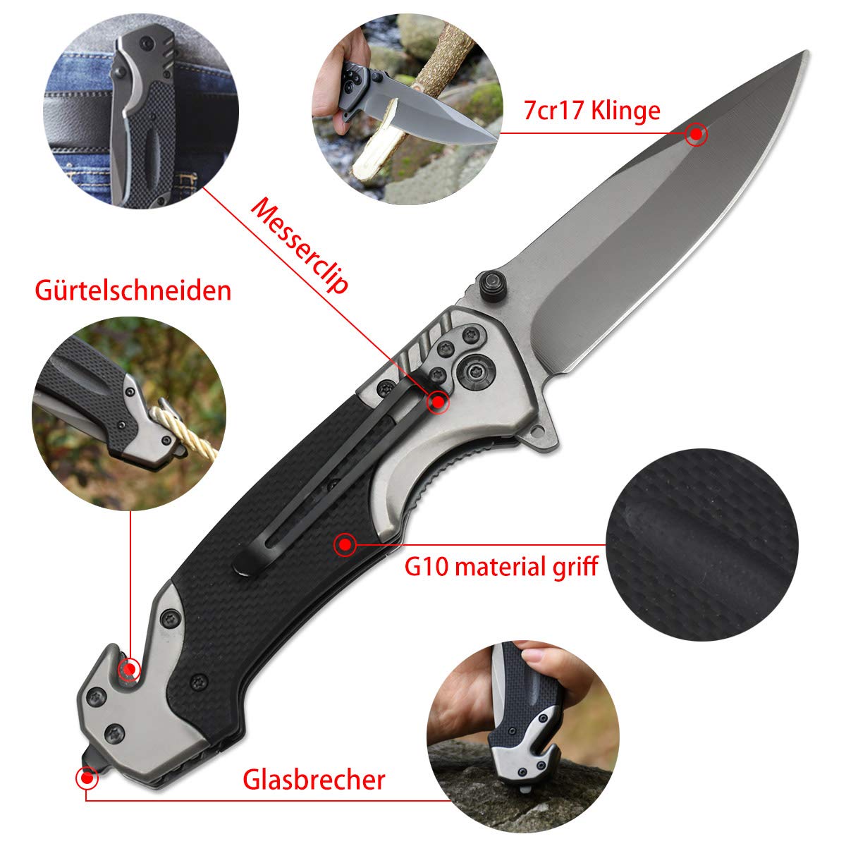 NedFoss FA18 Klappmesser, 9cm Scharfes Taschenmesser, Outdoor Survival Messer, Rettungsmesser mit Gurtschneider und Glasbrecher