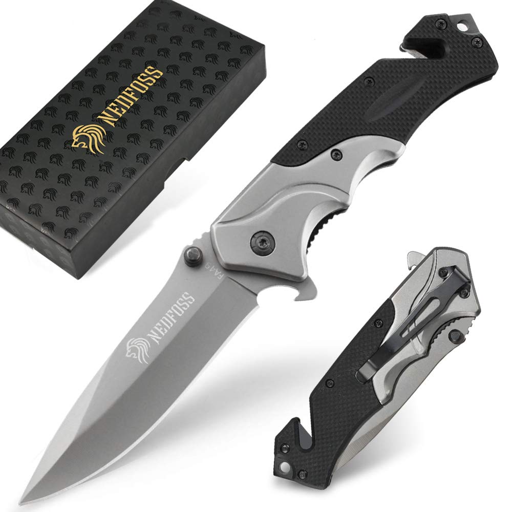 NedFoss FA49 Klappmesser, 3-in-1 Outdoor Taschenmesser, Survival Einhandmesser, Scharfes Rettungsmesser mit Glasbrecher und Gurtschneider
