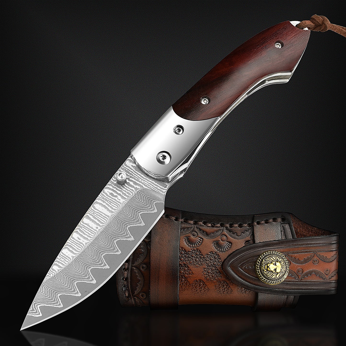 NedFoss SWORDFISH Damast Taschenmesser, Damastmesser Klappmesser mit Exquisit leder Holster
