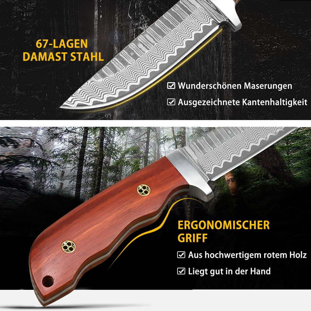 Nedfoss HUNTING KNIFE Damast Jagdmesser, andgefertigtes Damast-Jagdmesser mit schönem Muster, Gürtelmesser mit Scheide, scharfe Outdoor-Messer für die Jagd, Camping und Sammeln