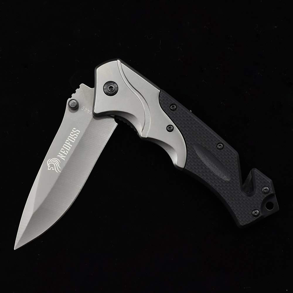 NedFoss FA49 Klappmesser, 3-in-1 Outdoor Taschenmesser, Survival Einhandmesser, Scharfes Rettungsmesser mit Glasbrecher und Gurtschneider