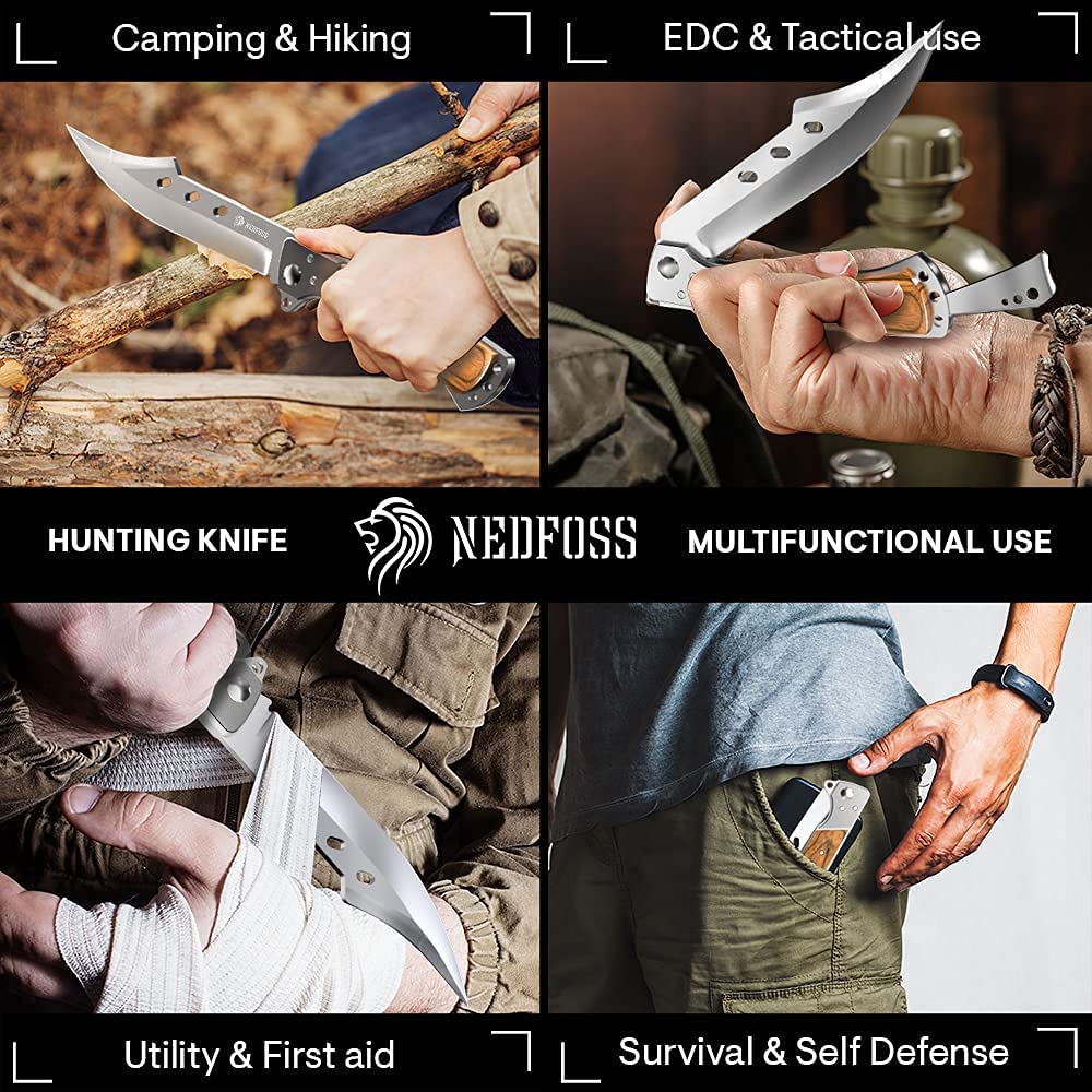 NedFoss FA50 Klappmesser, Zweihandmesser, Klapp Jagdmesser mit Rosenholz Griff, Großes Outdoor Messer für Camping & Wandern, Survival-Messer, Jagdmesser mit Gürteltasche