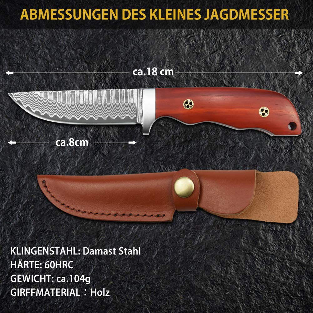 Nedfoss HUNTING KNIFE Damast Jagdmesser, andgefertigtes Damast-Jagdmesser mit schönem Muster, Gürtelmesser mit Scheide, scharfe Outdoor-Messer für die Jagd, Camping und Sammeln