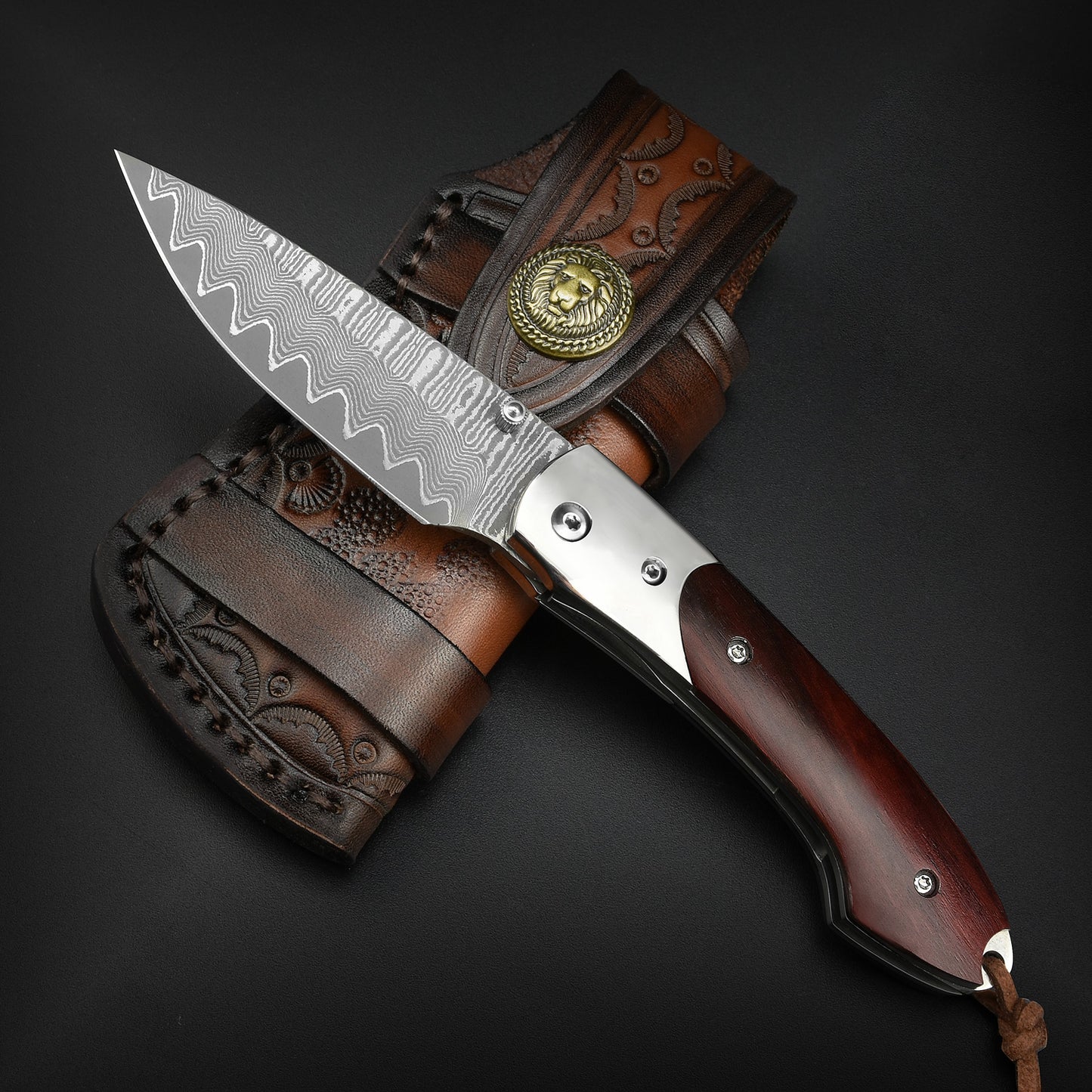 NedFoss SWORDFISH Damast Taschenmesser, Damastmesser Klappmesser mit Exquisit leder Holster