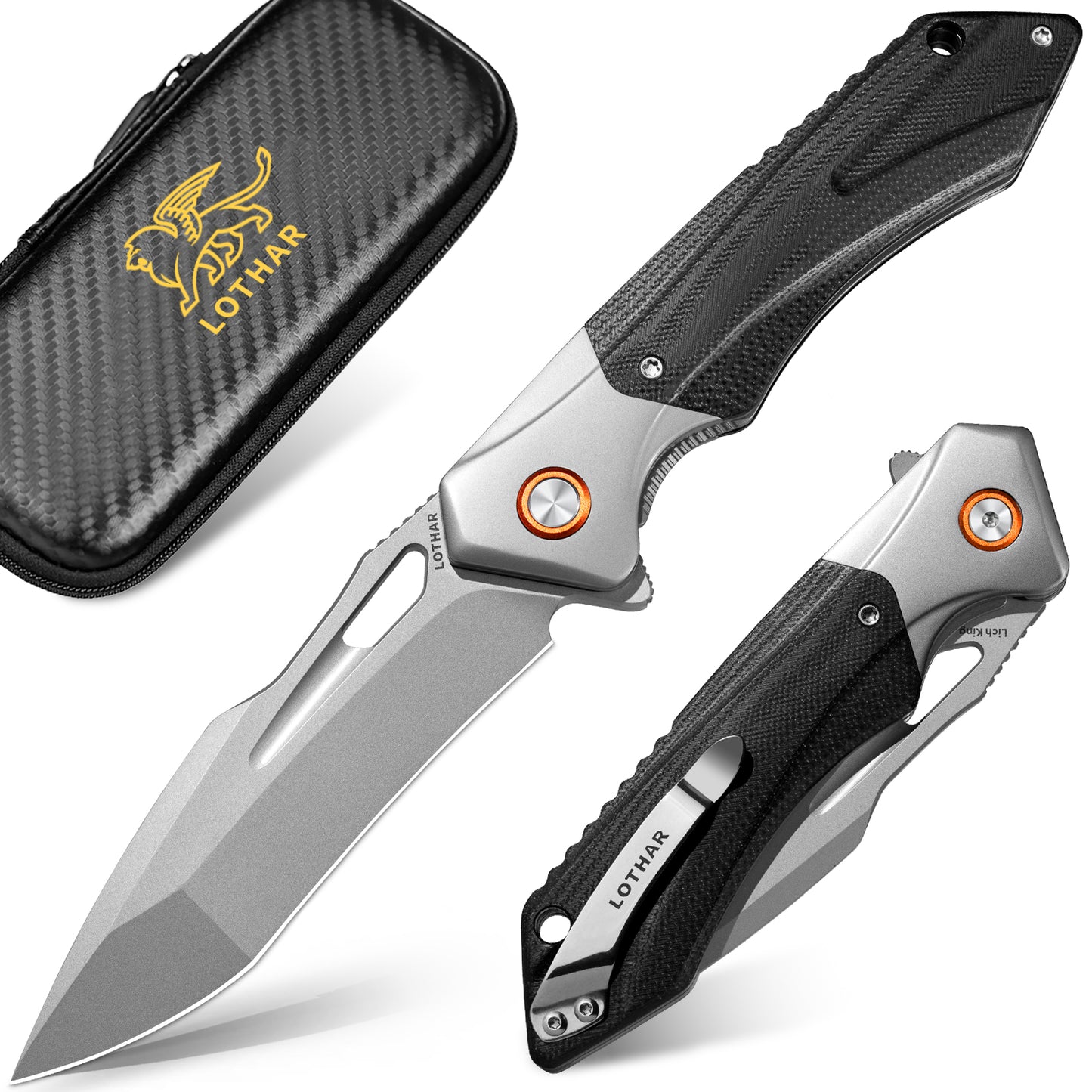 LOTHAR LICH KING Klappmesser, Taschenmesser aus D2 Stahl, Einhandmesser mit G10 Griff, Outdoor Messer Survival für Camping, Jagd & Abenteuer (D2-Grau)