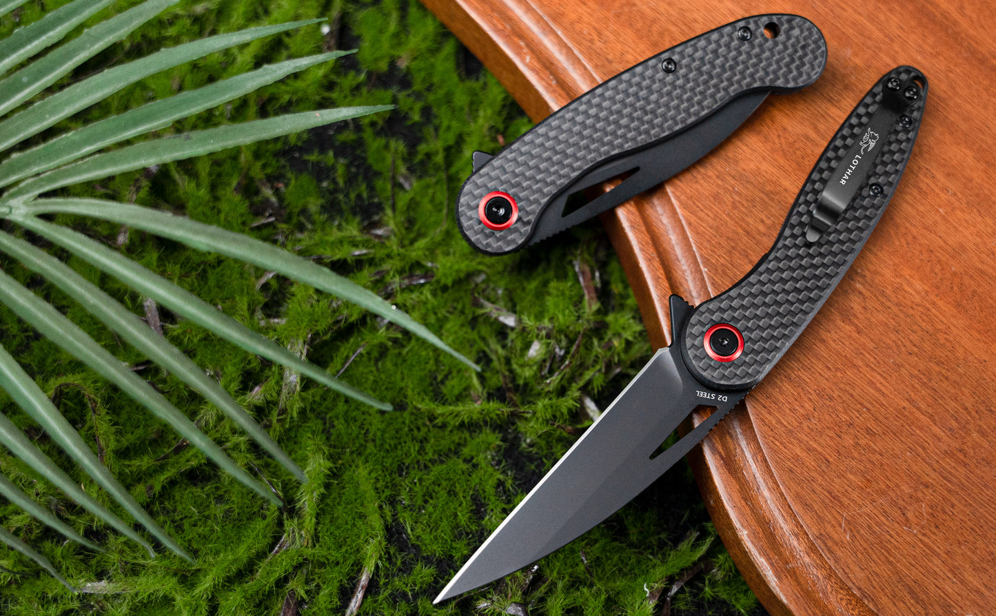 LOTHAR Seagull 3" D2 Stahlklinge Liner Lock EDC Messer mit Carbonfasergriff