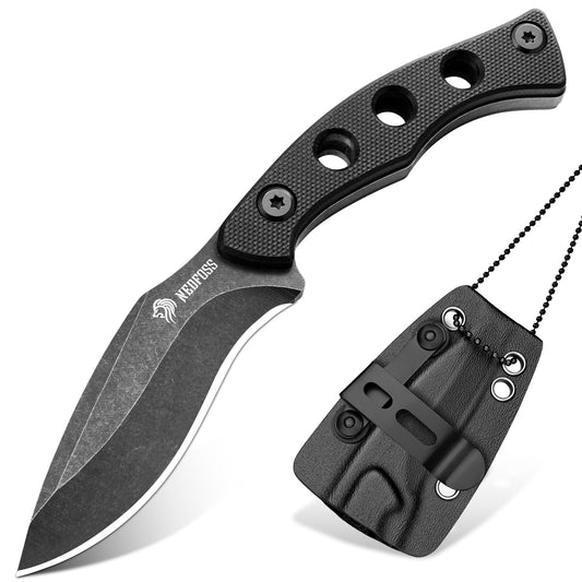 NedFoss SQUIRRE Neck Knife Messer mit Kette, Full Tang, Mini Outdoor Messer, Bushcraft Messer mit schwarze Kydex Scheide