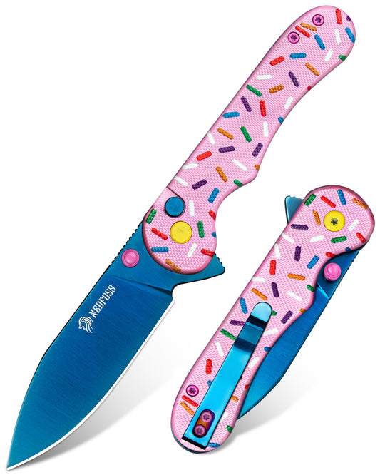 NedFoss DONUT Klappmesser, 7.5cm 14C28N Stahl Taschenmesser mit Button-Lock