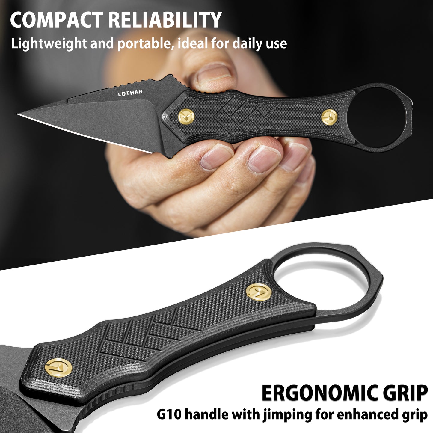 LOTHAR PORCUPINE 14C28N Stahl Neck Knife Messer,42A Fulltang Kleines Feststehendes Messer mit G10 Griff, Outdoor Messer mit Kydex Scheide und Gürtelclip (Schwarze Klinge)