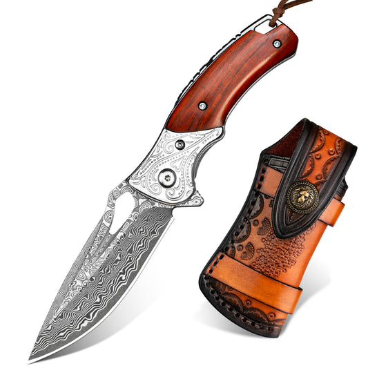 NedFoss HERON  Damast Taschenmesser, Damast Klappmesser mit gelbem Sandelholzgriff mit schönem Muster, Mini Einhandmesser mit Scheide, scharfe Outdoor-Messer für die Jagd, Camping und Sammeln