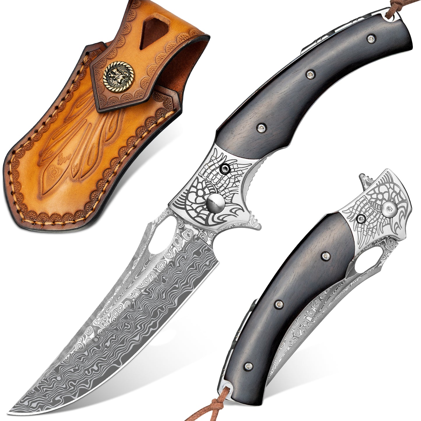 LOTHAR KRAKEN Taschenmesser, Damast Klappmesser aus 67 Lagen VG10 Damaststahl, Damast Taschenmesser mit Scharfe Klinge und Ebenholzgriff, Damastmesser für Sammlung oder Geschenk (Ebenholz)