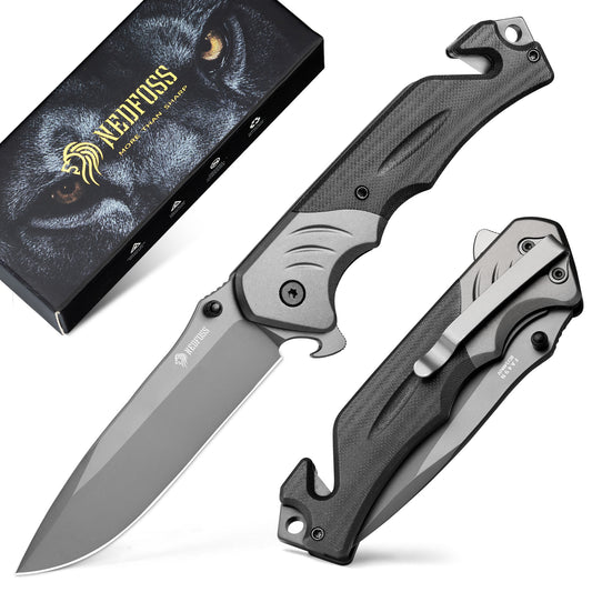 NedFoss FA49N Rettungsmesser, 8,7cm Klappmesser mit Gurtschneider & Glasbrecher & Flaschenöffner, Einhandmesser mit Gürtelclip, Taschenmesserfür Auto, Survival Rescue messer Outdoor