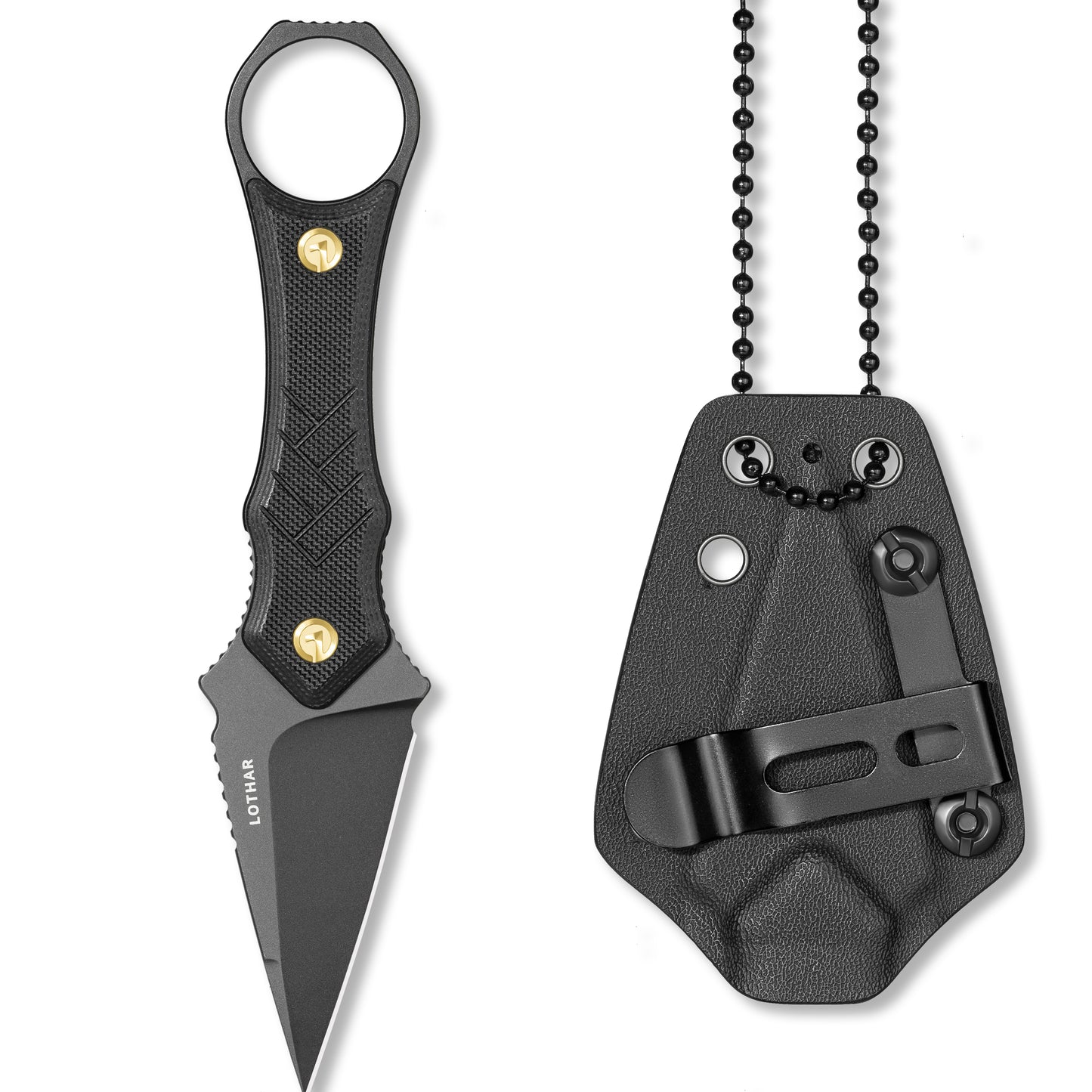 LOTHAR PORCUPINE 14C28N Stahl Neck Knife Messer,42A Fulltang Kleines Feststehendes Messer mit G10 Griff, Outdoor Messer mit Kydex Scheide und Gürtelclip (Schwarze Klinge)