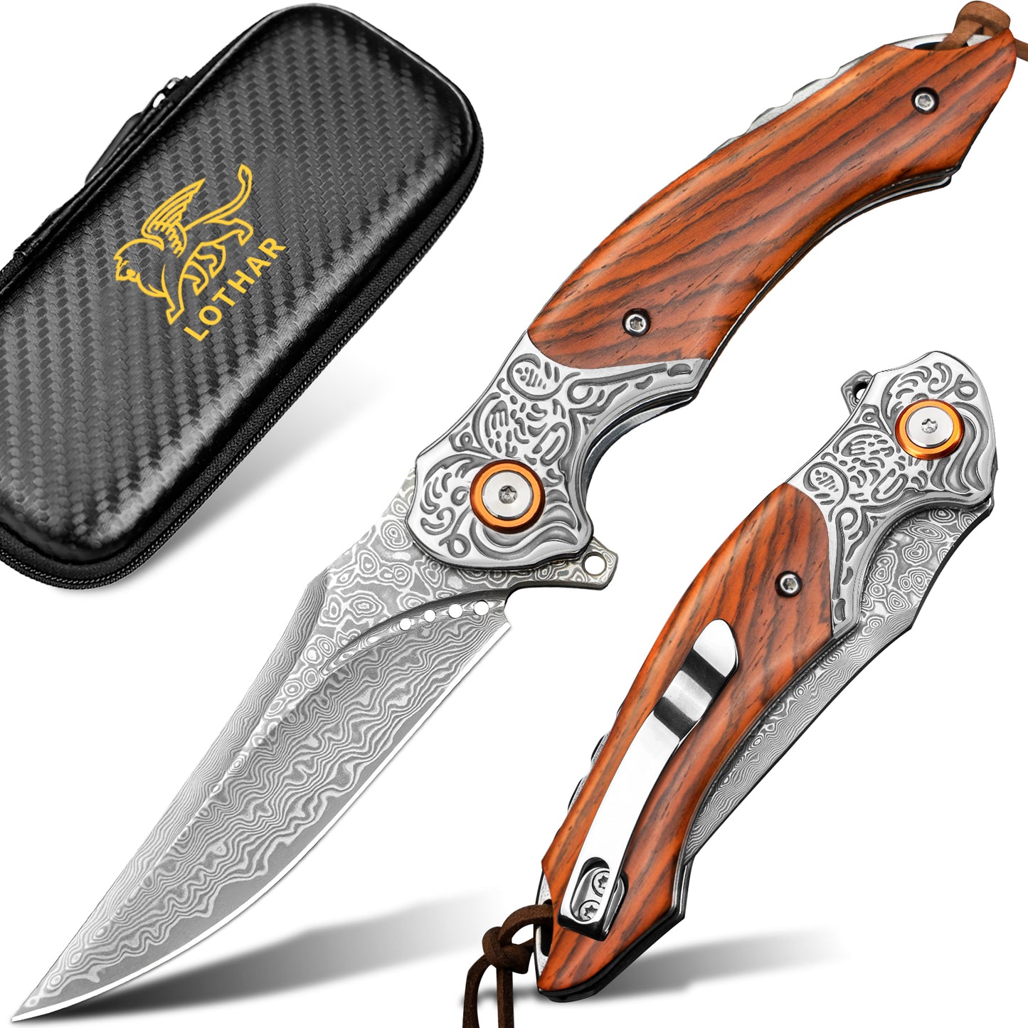 LOTHAR TUNA Damast Klappmesser, Damast Taschenmesser aus 67 Lagen VG10 Damaststahl, Einhandmesser mit Scharfe Klinge und Rosenholzgriff, Gürtelclip, für Sammlung oder Geschenk