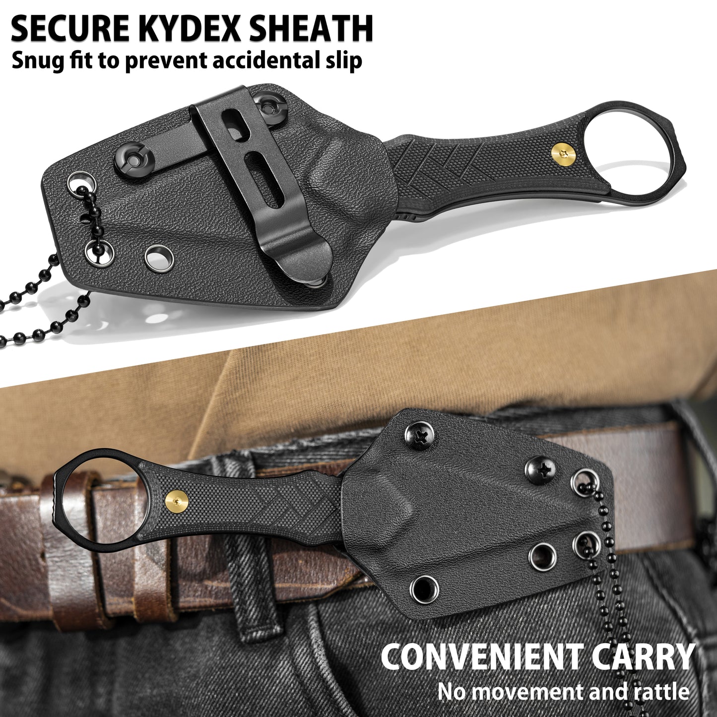 LOTHAR PORCUPINE 14C28N Stahl Neck Knife Messer,42A Fulltang Kleines Feststehendes Messer mit G10 Griff, Outdoor Messer mit Kydex Scheide und Gürtelclip (Schwarze Klinge)