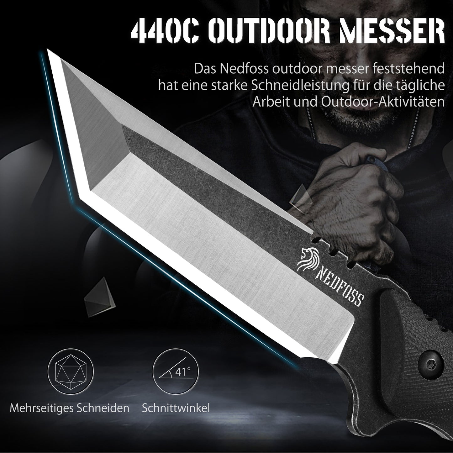 NEDFOSS DRAGON Tanto Outdoor Messer mit Kydex Holster, 10,4cm Full Tang EDC Survival Messer mit G10 Griff, feststehende Messer, Camping Gürtelmesser, Bushcraft Messer