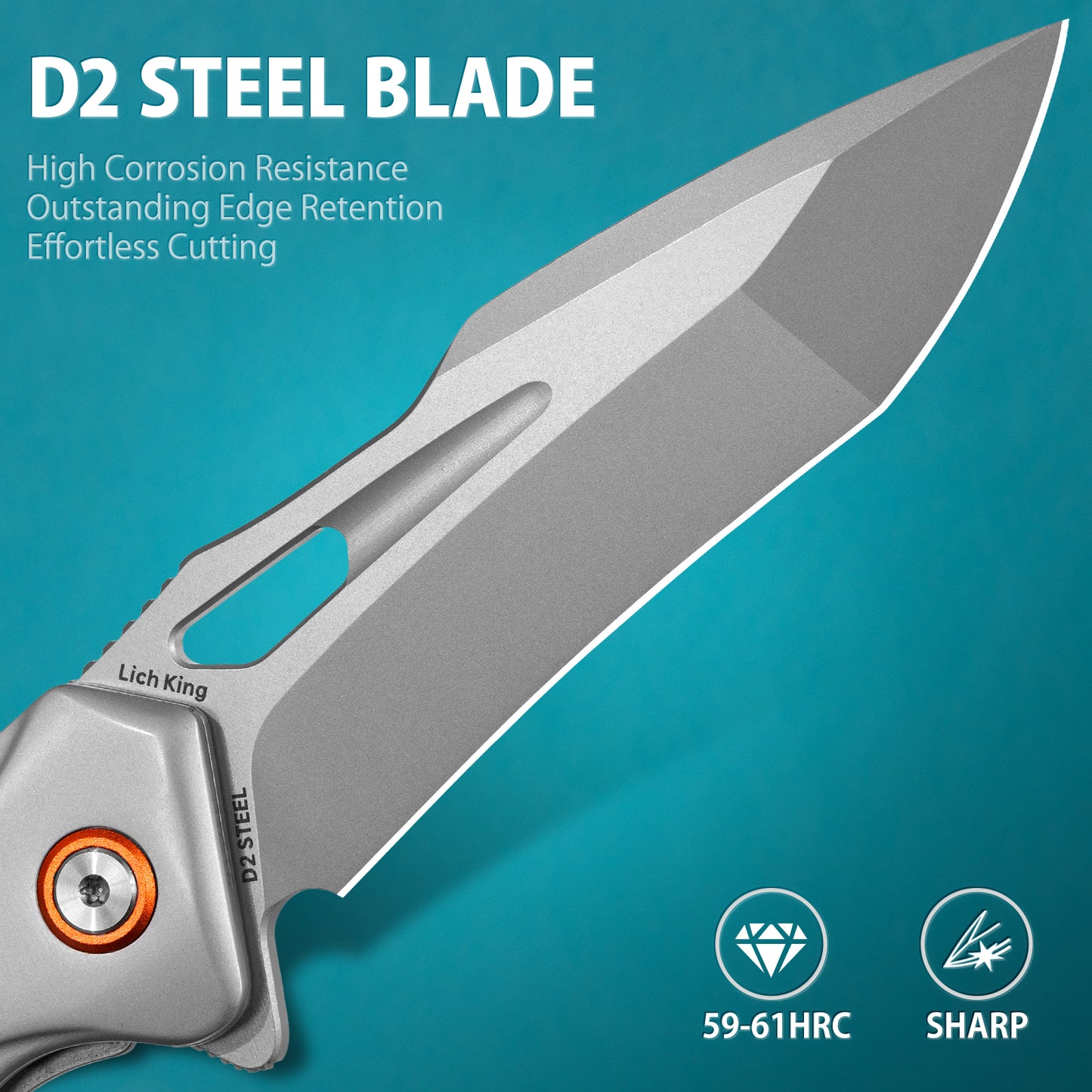 LOTHAR LICH KING Klappmesser, Taschenmesser aus D2 Stahl, Einhandmesser mit G10 Griff, Outdoor Messer Survival für Camping, Jagd & Abenteuer (D2-Grau)