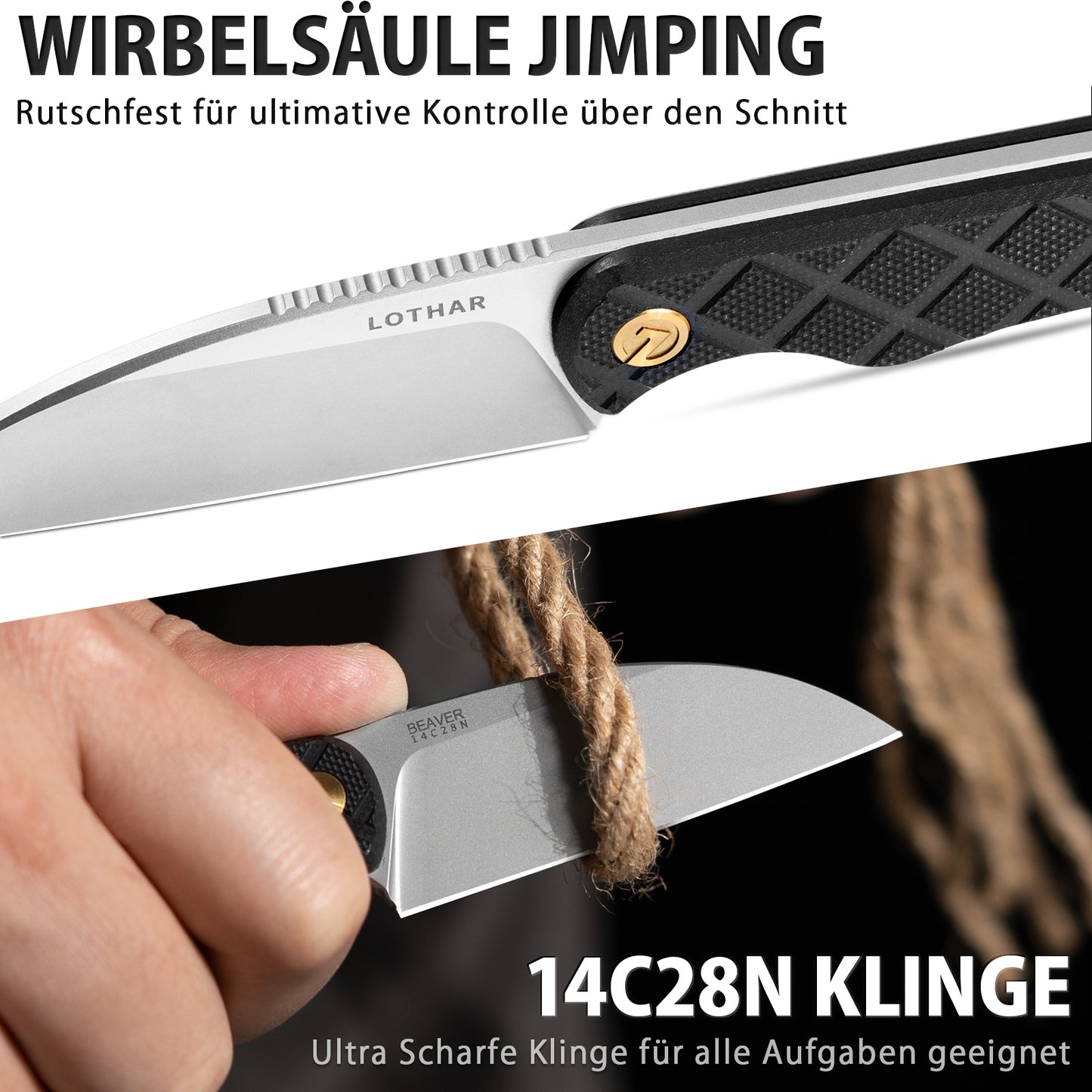 LOTHAR BEAVER Neck Knife Messer, 14C28N Stahl Fulltang Kleines Feststehendes Messer mit G10 Griff, Outdoor Mini-Messer mit Kydex Scheide und Gürtelclip