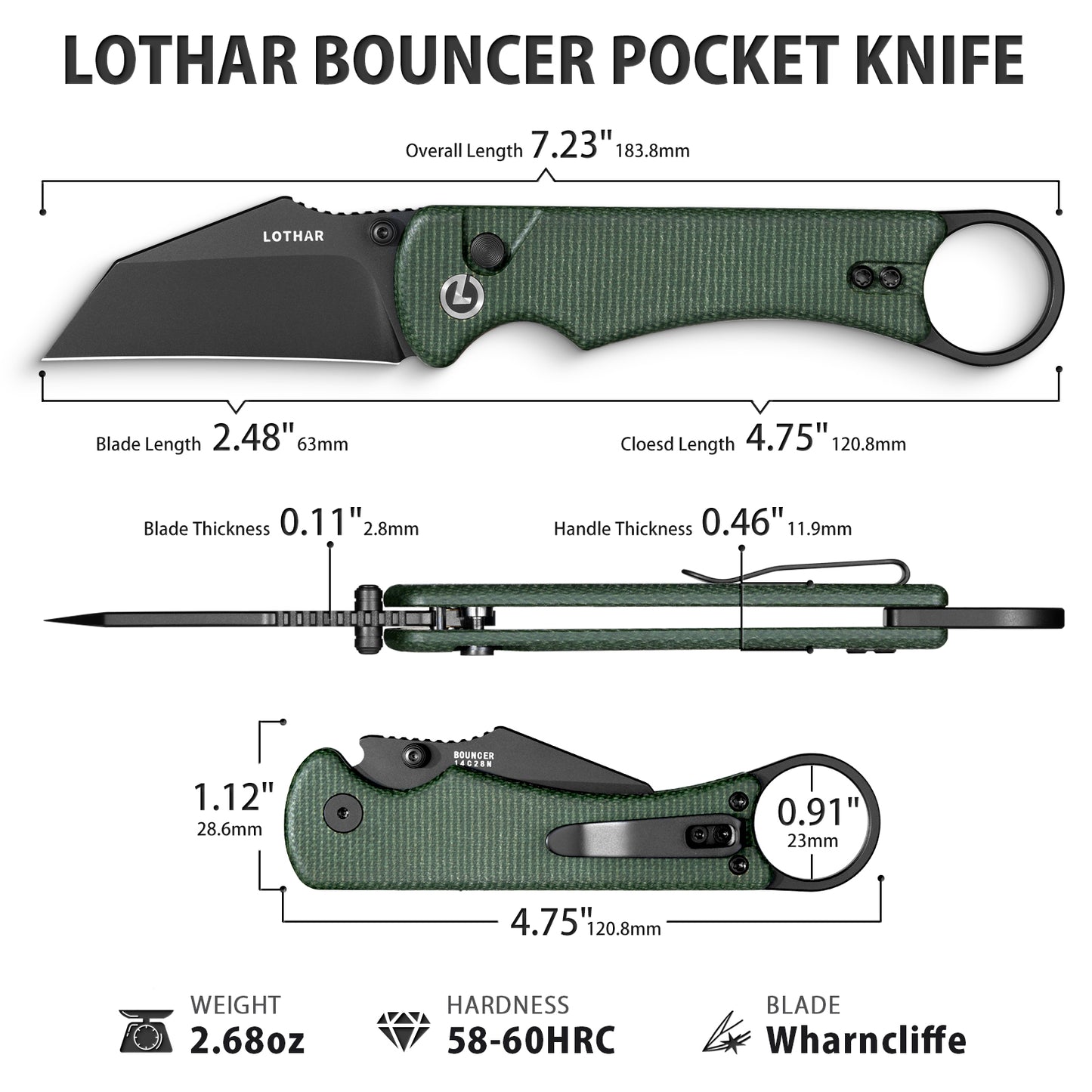 LOTHAR BOUNCER 2,48" 14C28N Stahl taktisches Klappmesser mit Micarta-Griff, umkehrbarer Taschenclip