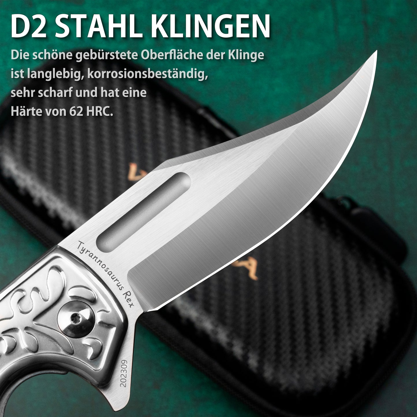 LOTHAR D2 Stahl Klappmesser, Einhandmesser mit G10 Griff, Taschenmesser mit Gürtelclip, Großes Outdoor Messer, Geeignet für Sammlung (TYRANNOSAURUS REX)