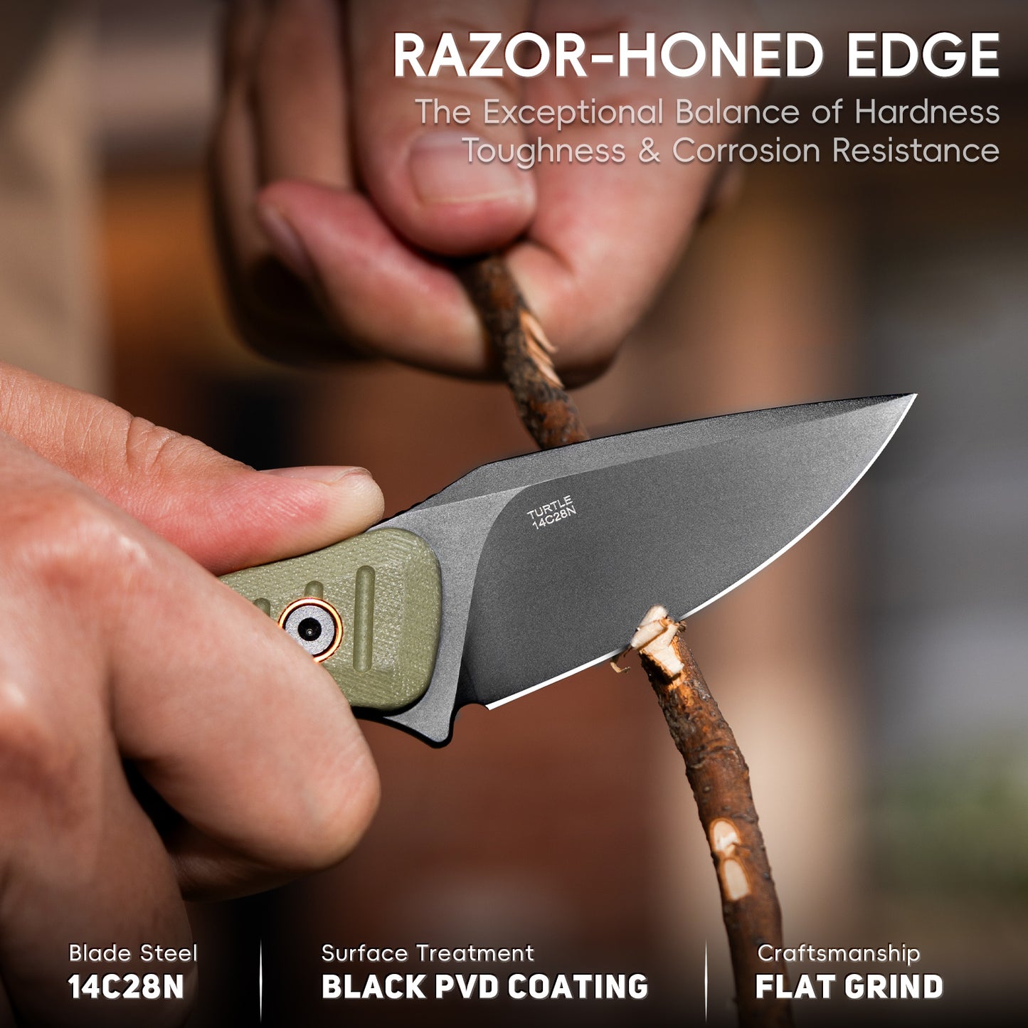 LOTHAR TURTLE 2,75" 14C28N Stahlklinge Kleine Camping-Halsmesser mit feststehender Klinge, grünem G10-Griff und Scheide