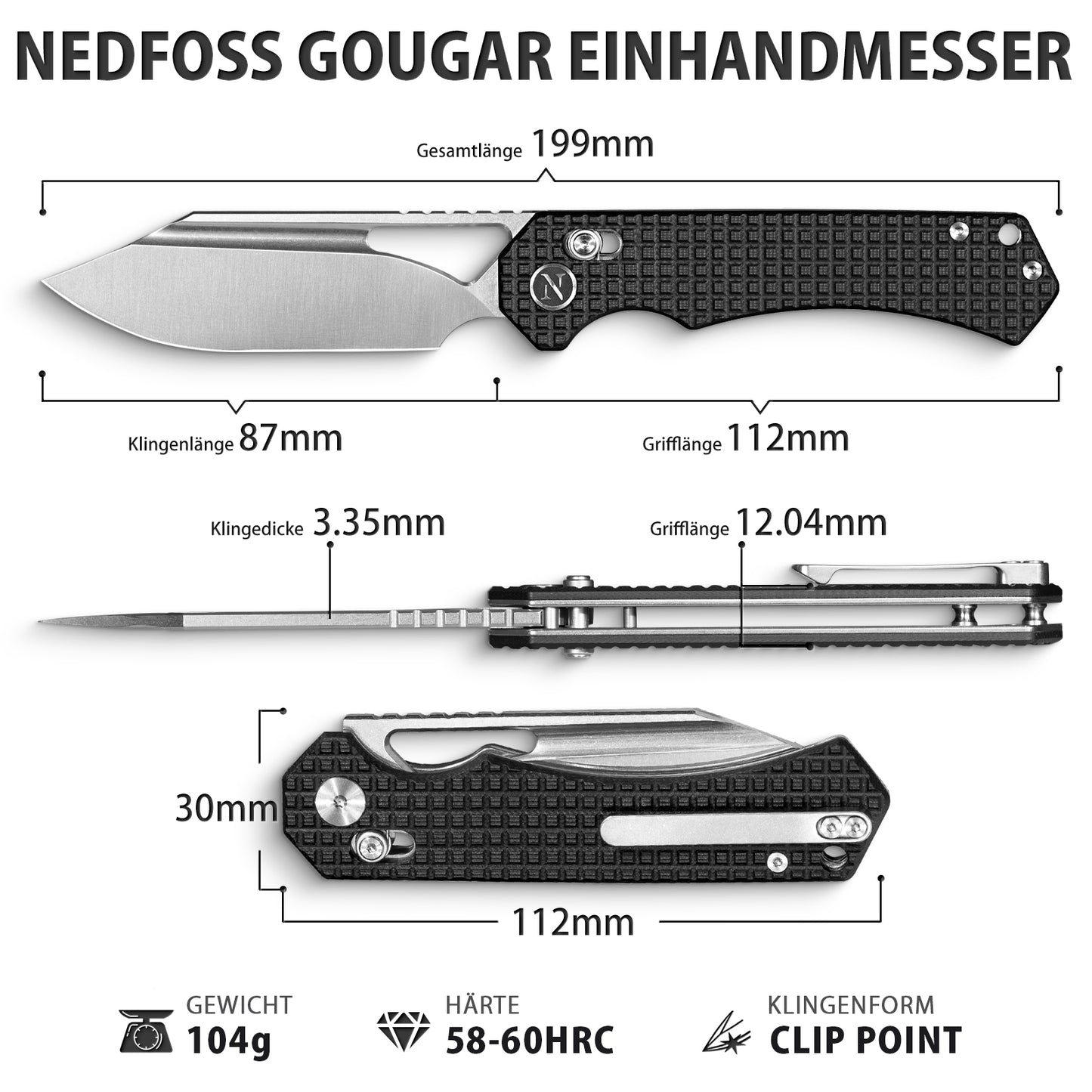 NedFoss COUGAR Klappmesser, 8.7cm 14C28N Stahl Taschenmesser mit Crossbar-Lock, Einhandmesser mit G10 Griff, Outdoor Messer mit Gürtelclip, Survival Messer für Alltag, Sammlung & Geschenk