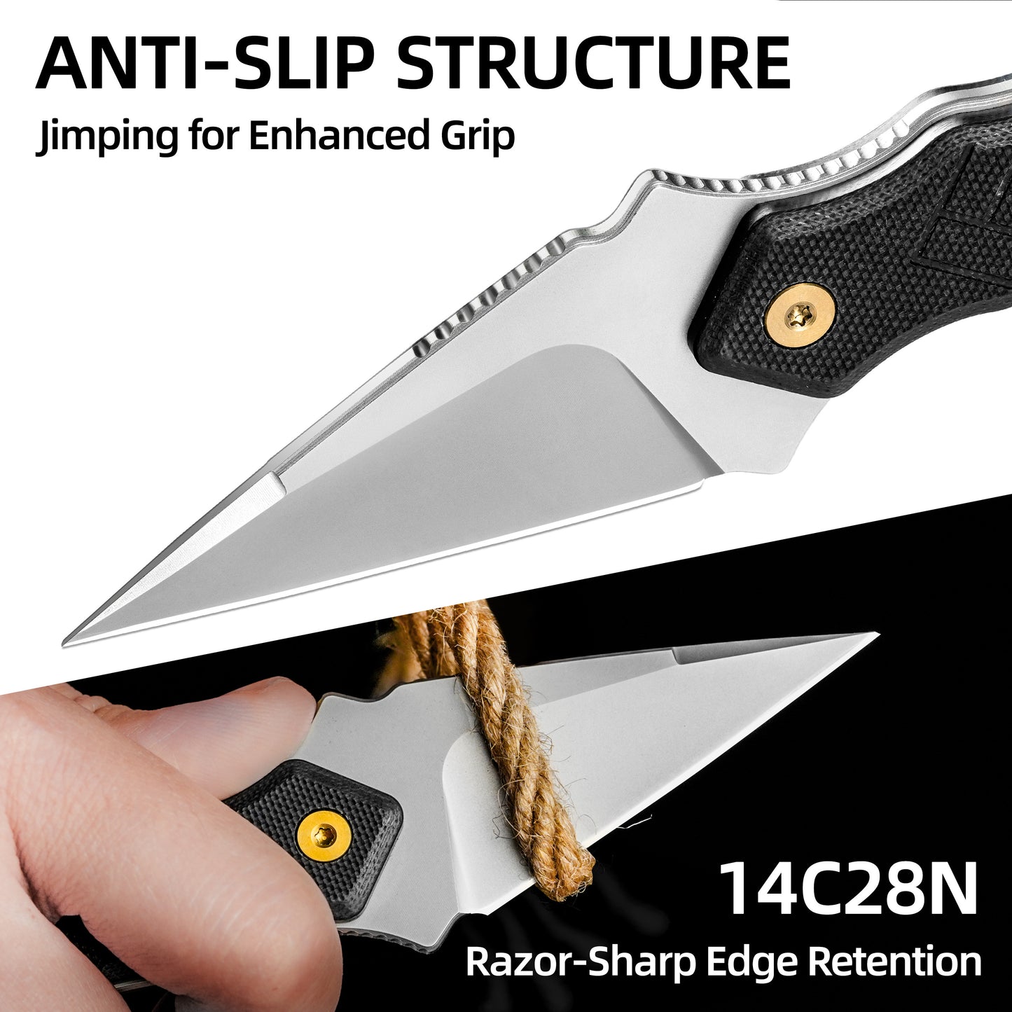 LOTHAR PORCUPINE 14C28N Stahl Neck Knife Messer,42A Fulltang Kleines Feststehendes Messer mit G10 Griff, Outdoor Messer mit Kydex Scheide und Gürtelclip (Schwarze Klinge)