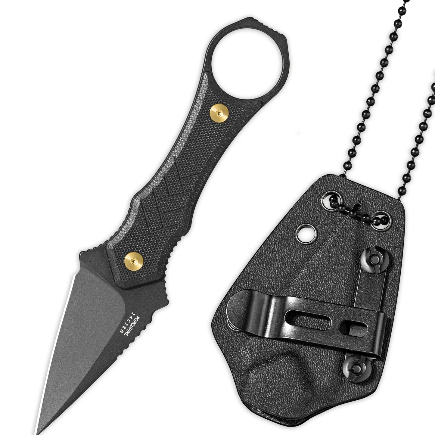 LOTHAR PORCUPINE 14C28N Stahl Neck Knife Messer,42A Fulltang Kleines Feststehendes Messer mit G10 Griff, Outdoor Messer mit Kydex Scheide und Gürtelclip (Schwarze Klinge)