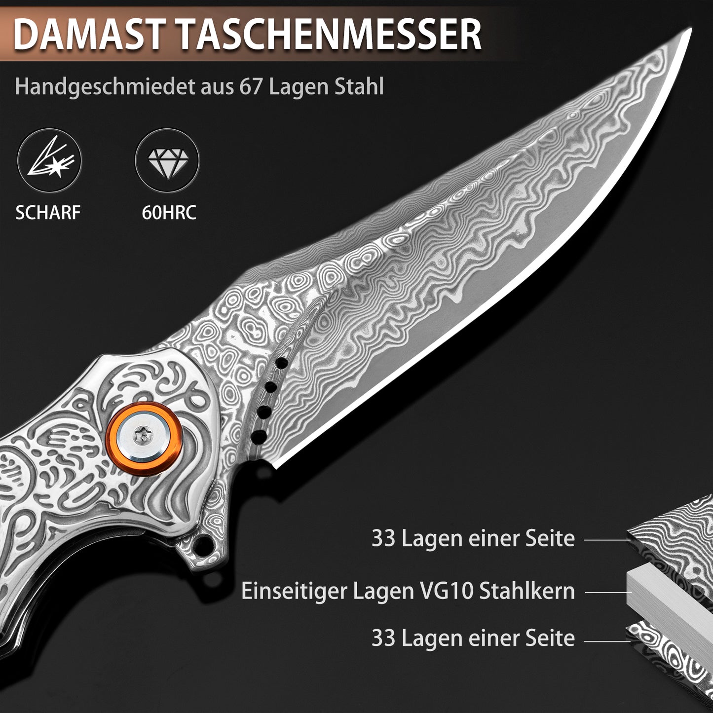 LOTHAR TUNA Damast Klappmesser, Damast Taschenmesser aus 67 Lagen VG10 Damaststahl, Einhandmesser mit Scharfe Klinge und Rosenholzgriff, Gürtelclip, für Sammlung oder Geschenk