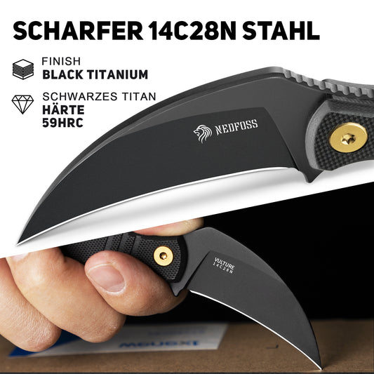 NedFoss Neck Knife VULTURE, 6CM 14C28N Stahl FULL TANG Outdoor Messer Survival mit G10 Griff & Kydexscheide, Mini Messer feststehend in Geschenk-Box für Sammlung, Camping